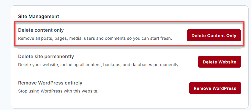 Bluehost Portal - Advanced Tab Site Management - Delete content only