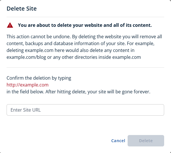 Bluehost Portal - Advanced Tab Site Management - Delete site permanently
