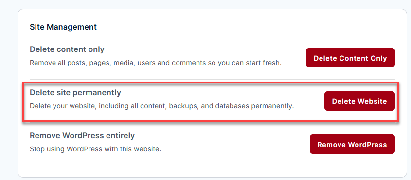 Bluehost Portal - Advanced Tab Site Management - Delete site permanently