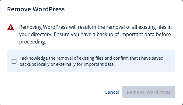 Bluehost Portal - Advanced Tab Site Management - Remove WordPress entire;y