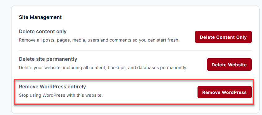 Bluehost Portal - Advanced Tab Site Management - Remove WordPress entire;y