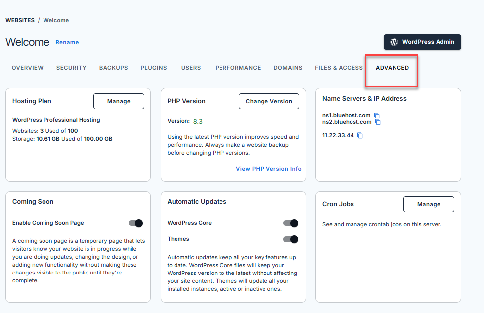 Bluehost Account Manager - Advanced Tab