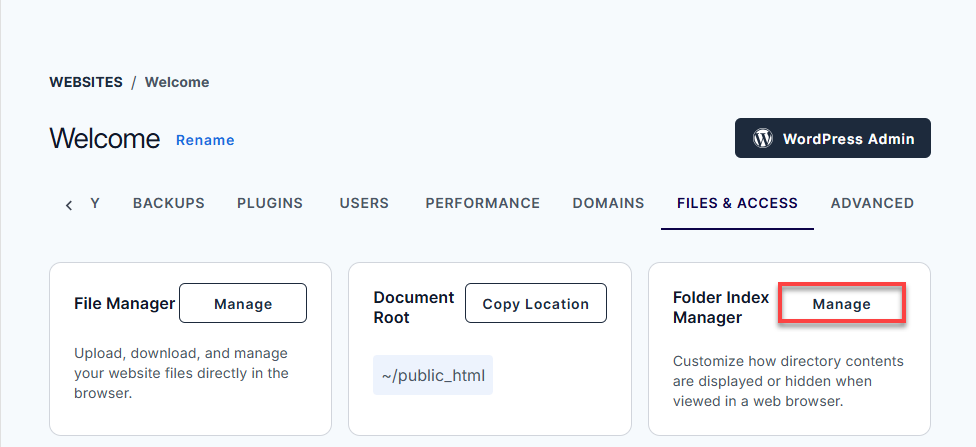 Bluehost Account Manager - Websites Tab Files and Access Manage Indexes