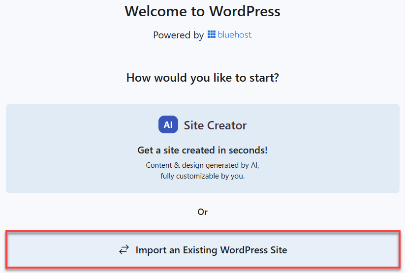 BH Account Manager Websites Tab - Import an existing WordPress Site