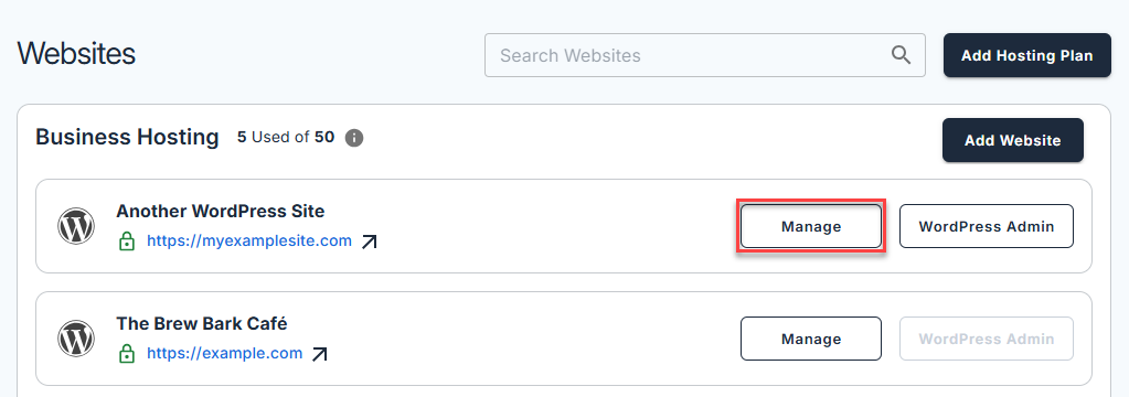 Bluehost Websites Tab - Site Settings