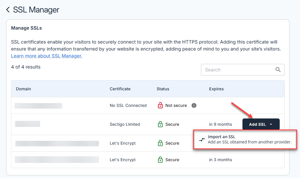 Bluehost Account Manager - Websites Tab Manually Install SSL