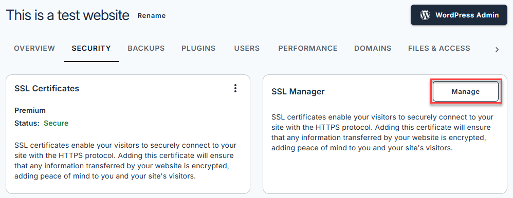 Bluehost Account Manager - Websites Tab Manage SSL Manager
