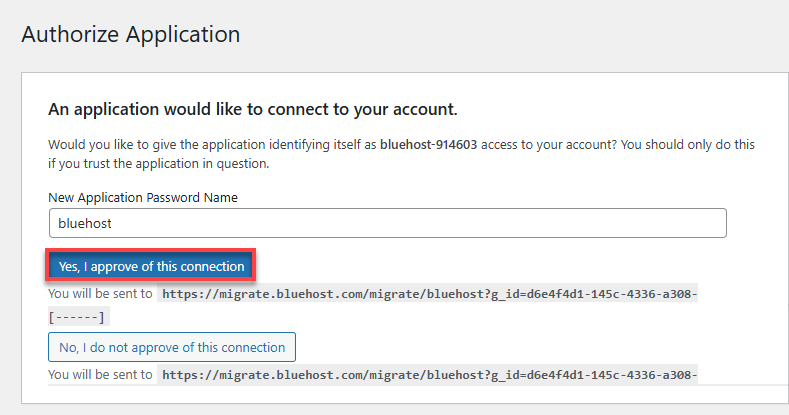 BH Account Manager Websites Tab - Migrate WordPress Website Authorize Application