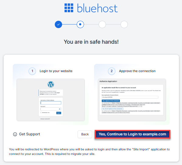 BH Account Manager Websites Tab - Migrate WordPress Website Continue to Login