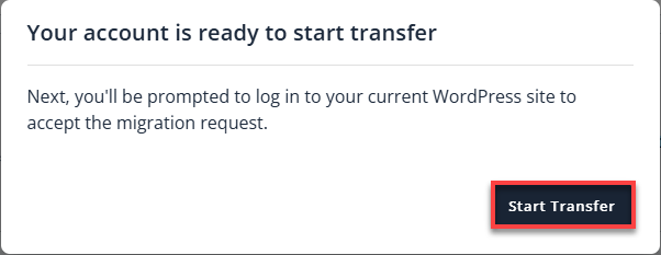 BH Account Manager Websites Tab - Migrate WordPress Website Start Transfer