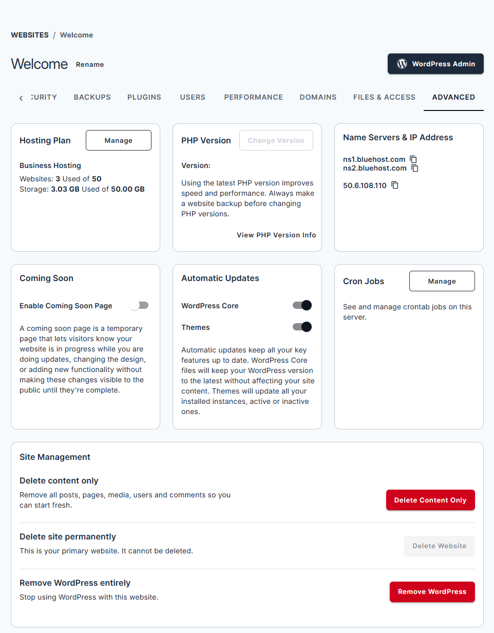 Bluehost Account Manager - Websites Tab Advanced Tab