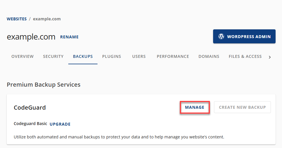 BH Account Manager Websites Tab - Manage CodeGuard