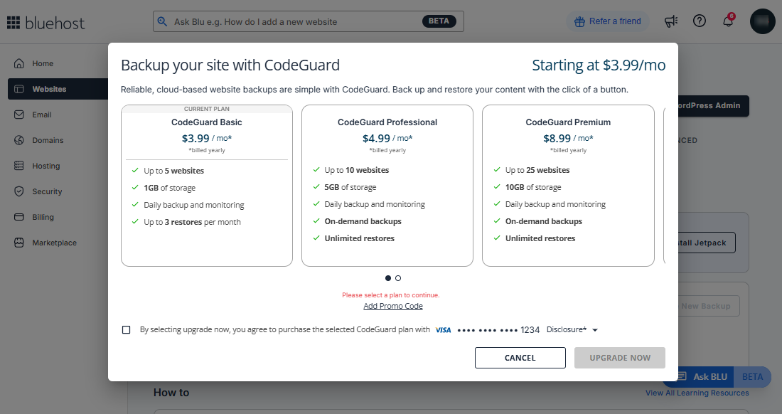 Upgrade CodeGuard pop-up