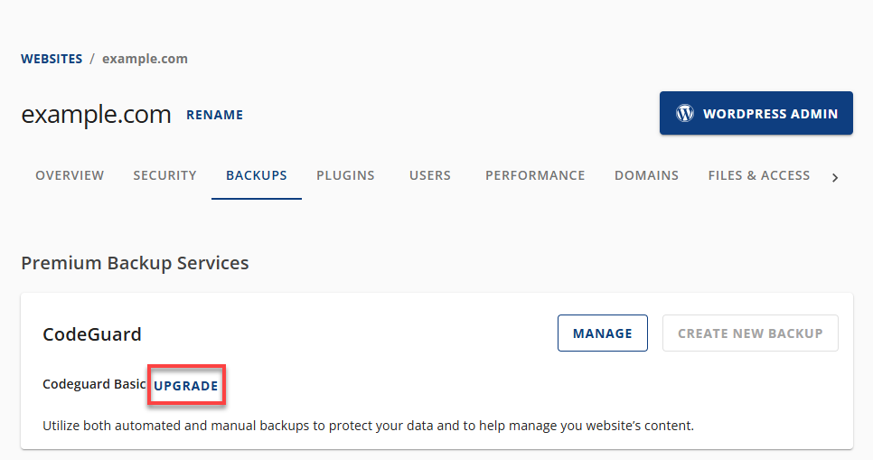 BH Account Manager Websites Tab - Upgrade CodeGuard