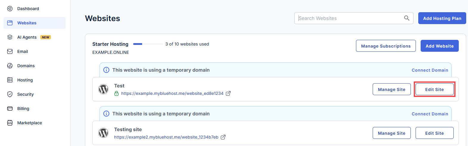 Bluehost Portal - Website Edit Site button