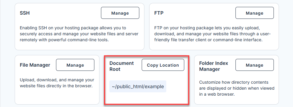 Bluehost Portal Websites Tab - Files and Access Menu Document Root