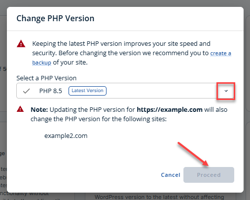 Settings tab and Change PHP version button