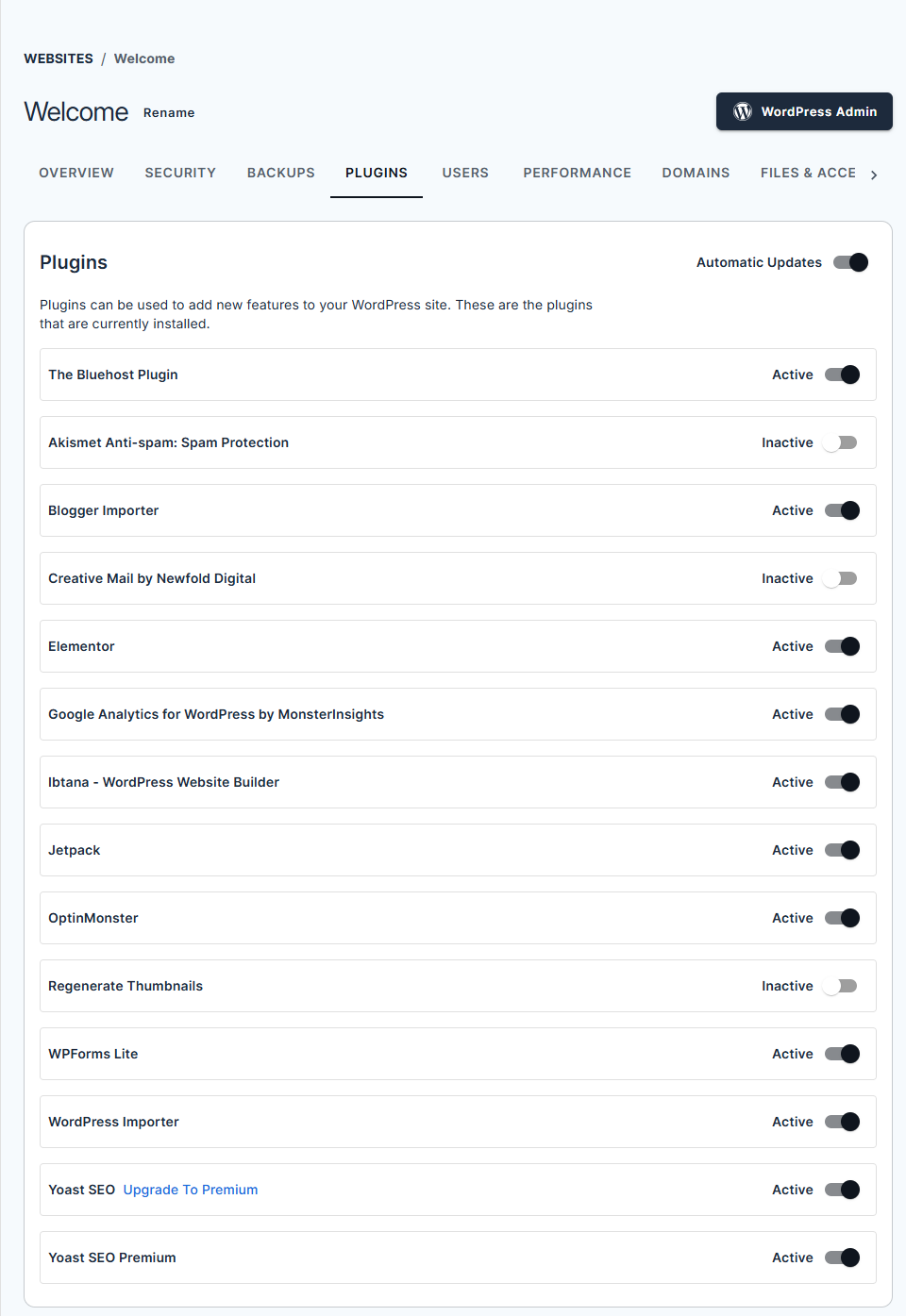 Bluehost Account Manager - Websites Tab Plugins