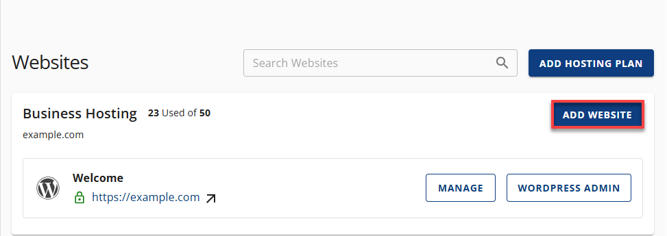 Install WordPress - Add Site button
