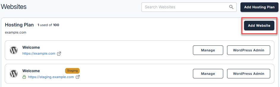 Install WordPress - Add Site button