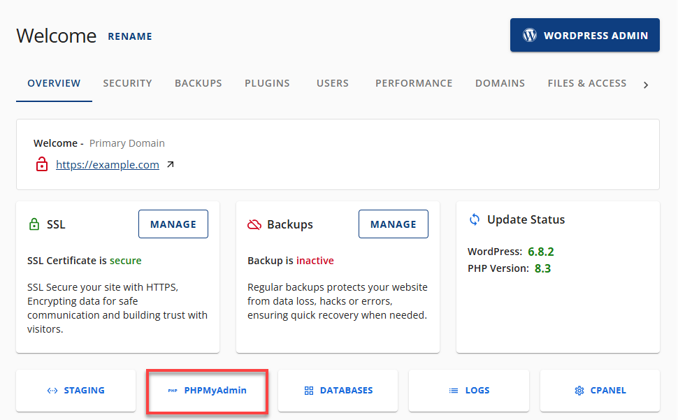 Bluehost phpMyAdmin Link