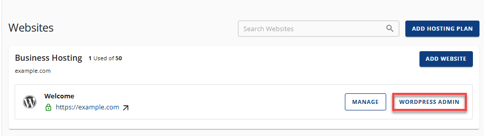 Bluehost Account Manager - Website WordPress Admin button