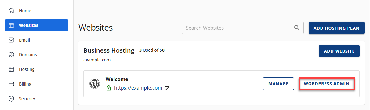 Bluehost Account Manager - Website WordPress Admin button
