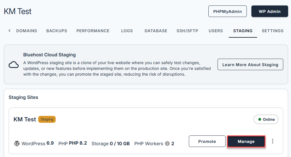 Staging Sites Manage Button