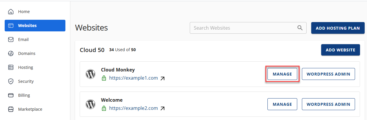 Bluehost Account Manager - Website Manage button
