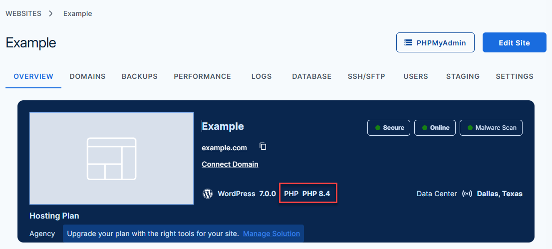 Bluehost Portal - Websites Tab - Overview PHP Version View