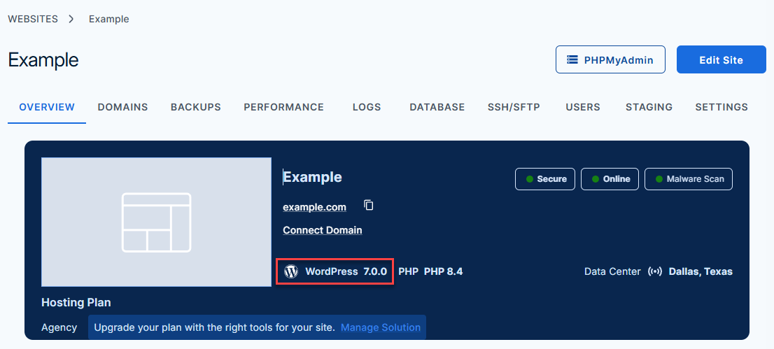 Bluehost Portal - Websites Tab - Overview WordPress Version View