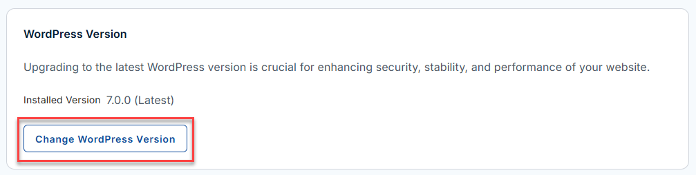 Bluehost Portal - Websites Tab - Settings - WordPress Version section View