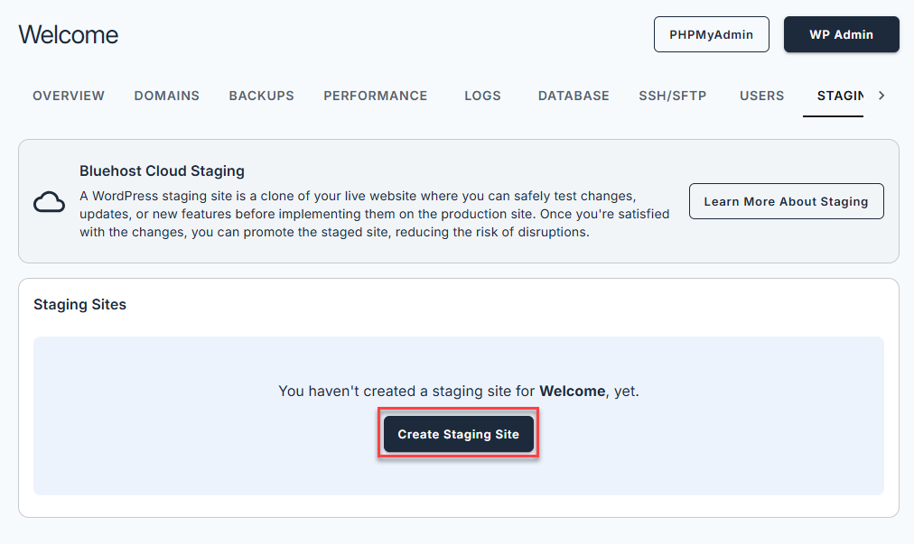Bluehost Staging - Create Staging Site