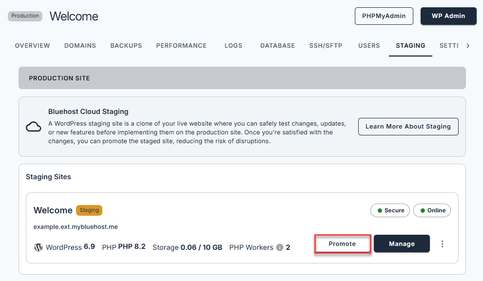 Bluehost Staging - Staging Tab