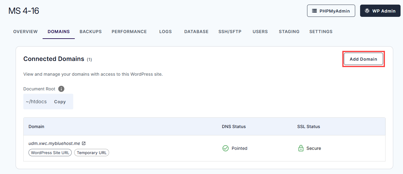 Bluehost Portal - Domains Tab