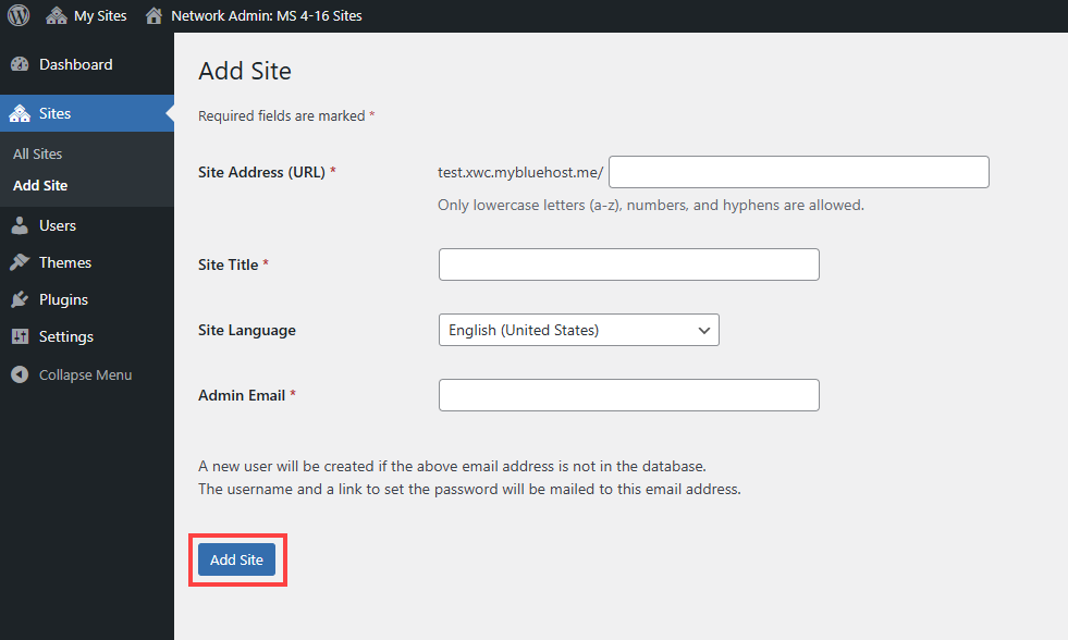 Bluehost Portal - WP Add Sites Form