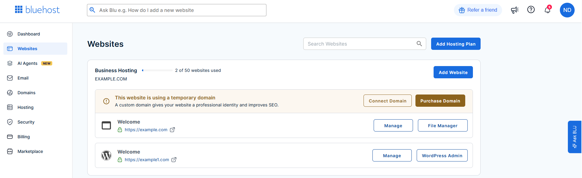 Bluehost Portal - Websites tab interface