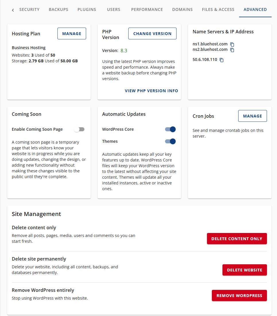 Bluehost Account Manager - Websites Tab Advanced