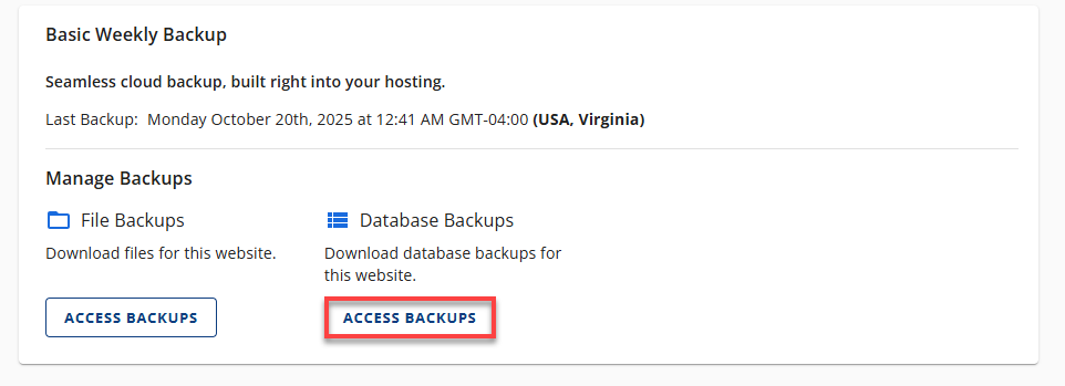 BH Websites Weekly Backups - Access Backups