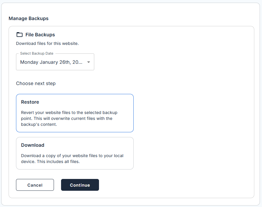 BH Websites Tab Basic Weekly Backups - Restore Files Backups Date, Restore, and Continue
