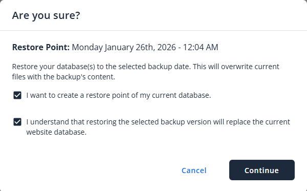 BH Websites Tab Basic Weekly Backups - Restore Database Backups Confirm