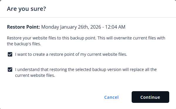 BH Websites Tab Basic Weekly Backups - Restore Files Backups Confirm