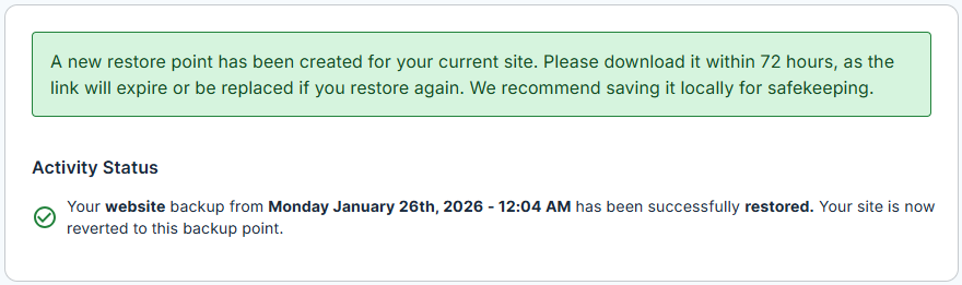 BH Websites Tab Basic Weekly Backups - Restore Website Suuccessful