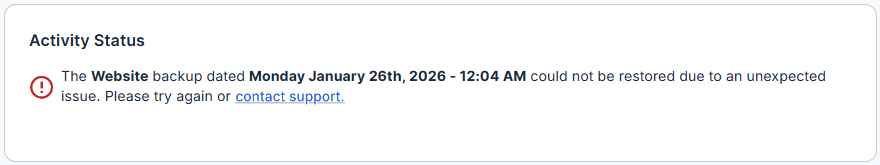 BH Websites Tab Basic Weekly Backups - Restore Website Failed