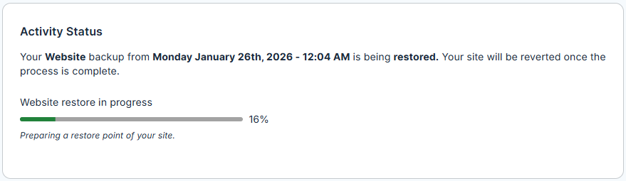 BH Websites Tab Basic Weekly Backups - Restore Website In Progress