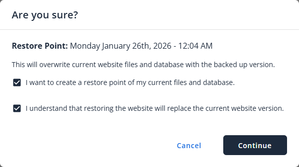 BH Websites Tab Basic Weekly Backups - Restore Website Confirm