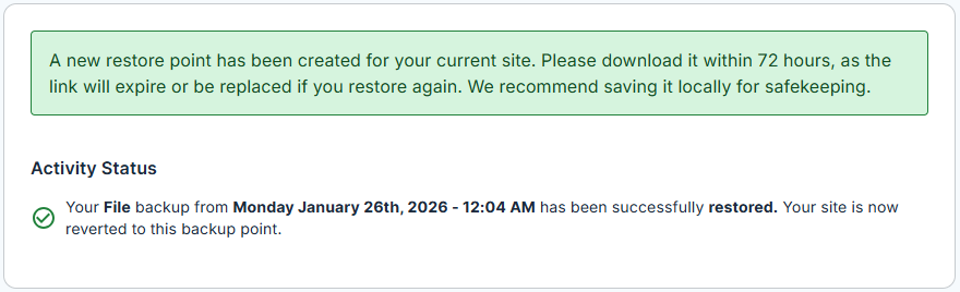 BH Websites Tab Basic Weekly Backups - Restore Files Backups Successful