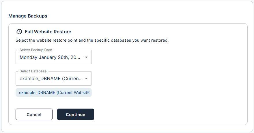 BH Websites Tab Basic Weekly Backups - Restore Website Date and Continue