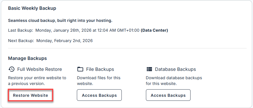 BH Websites Tab Basic Weekly Backups - Full Website Restore