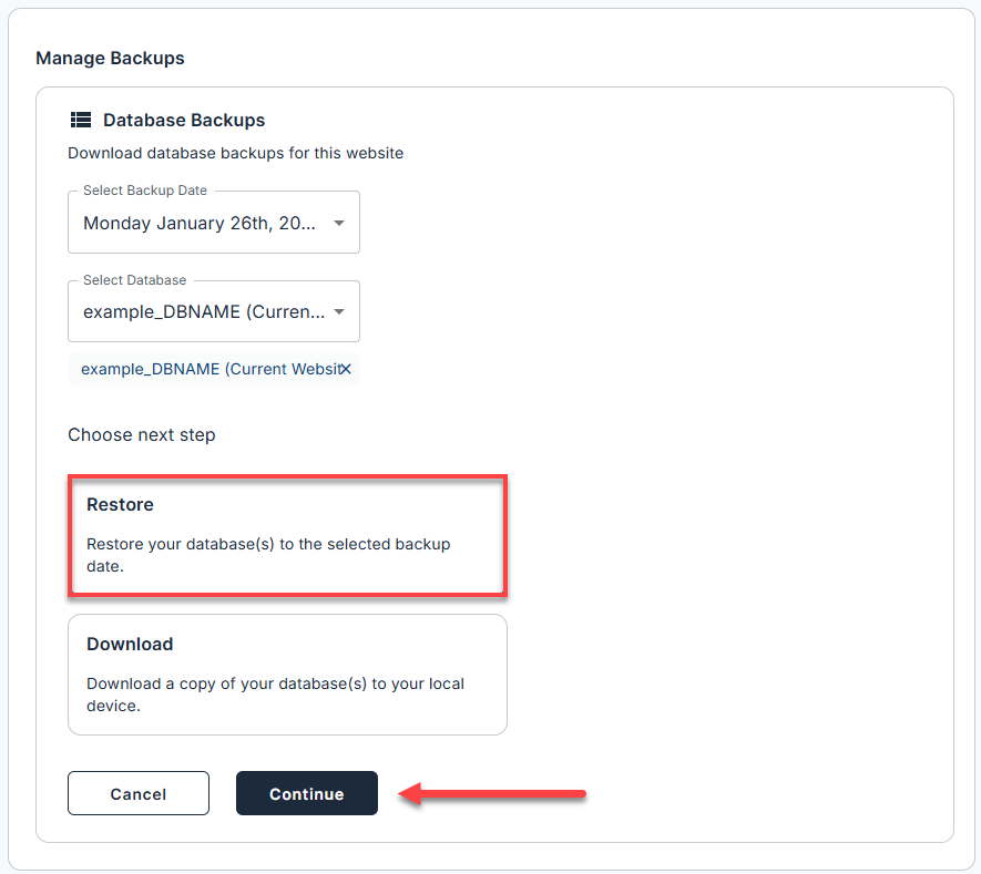 BH Websites Tab Basic Weekly Backups - Restore Database Backups Restore and Continue